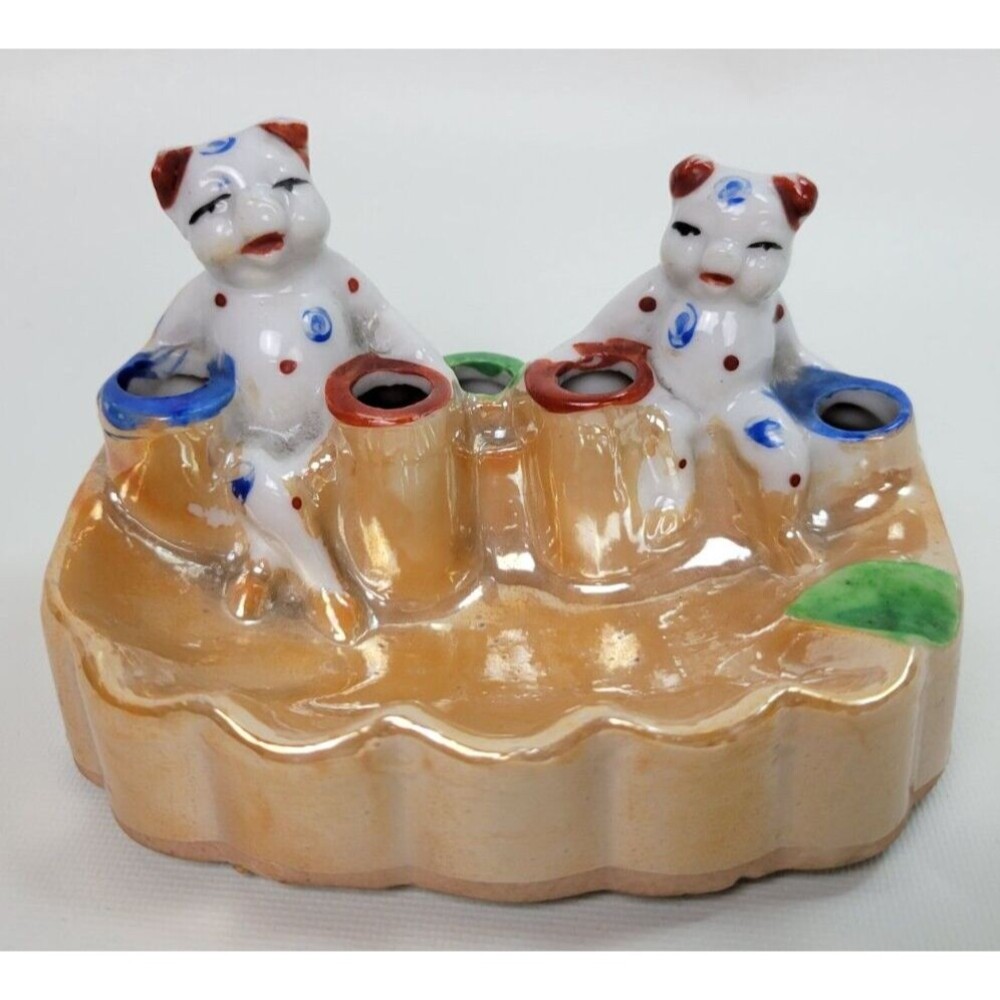Vintage Japan Lusterware Figural Ashtray Holder Spotted Pigs